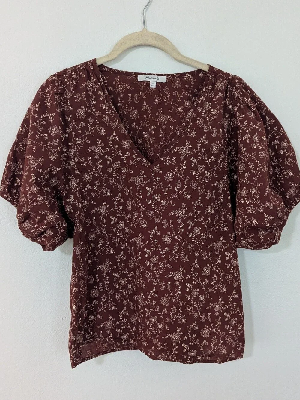 Madewell V Neck Puff Sleeve Floral Print Blouse Woven Burgundy Beige Small S
